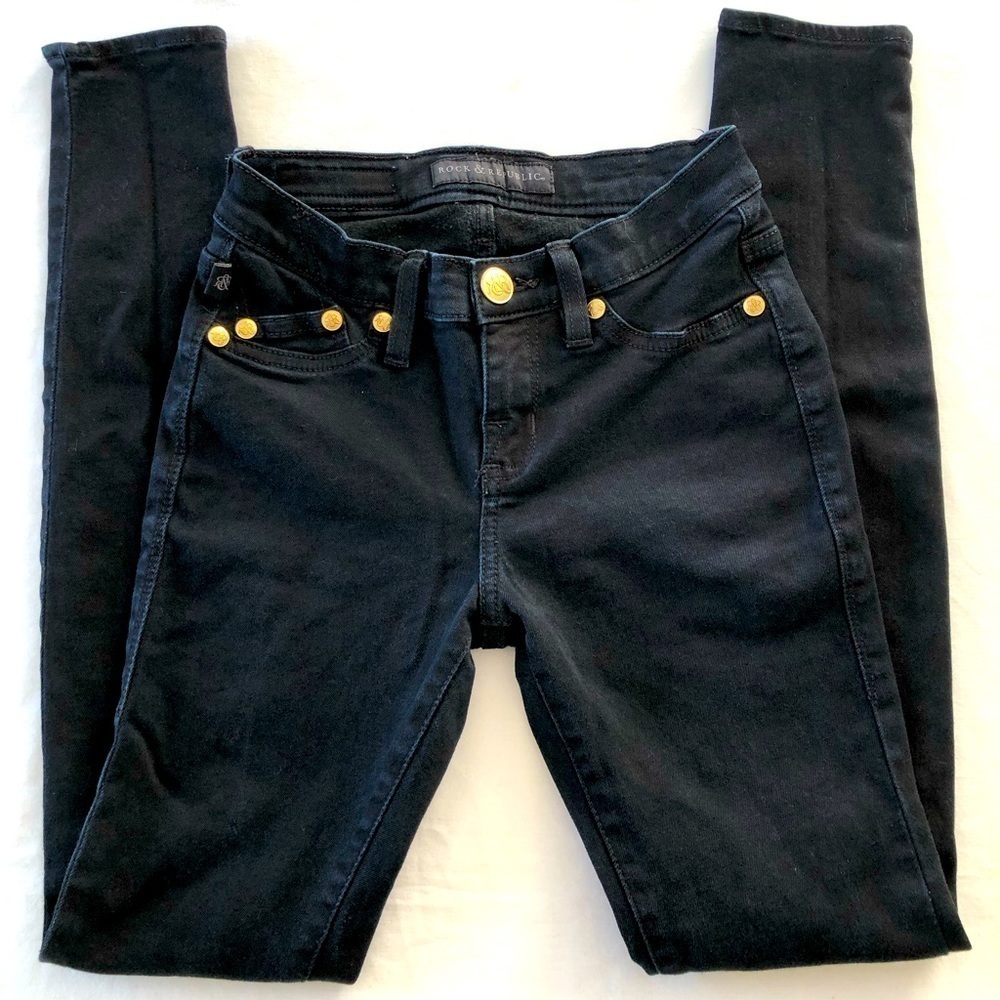 Rock & Republic Black Kashmere Jeans. Gold Coloured Buttons.